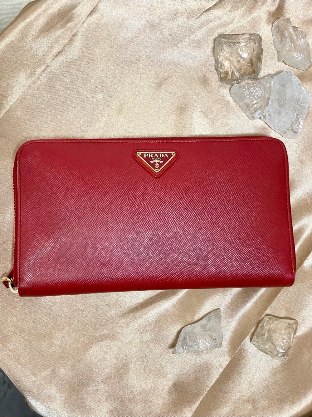 Prada Authentic Red Saffiano Zip Wallet with Triangle Logo Gold Hardware